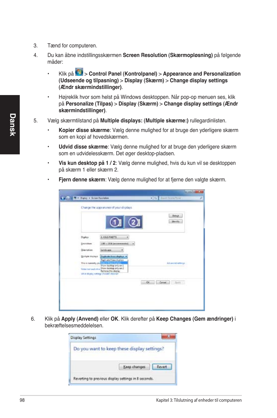 Dansk | Asus CP6230 User Manual | Page 98 / 330