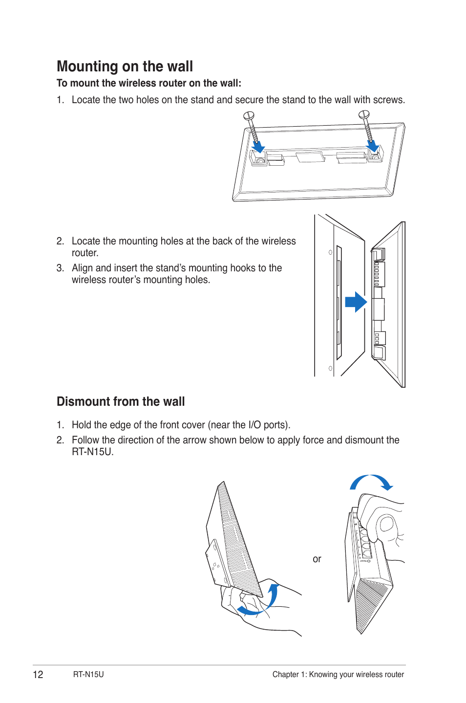 Mounting on the wall, Dismount from the wall | Asus RT-N15U User Manual | Page 12 / 60