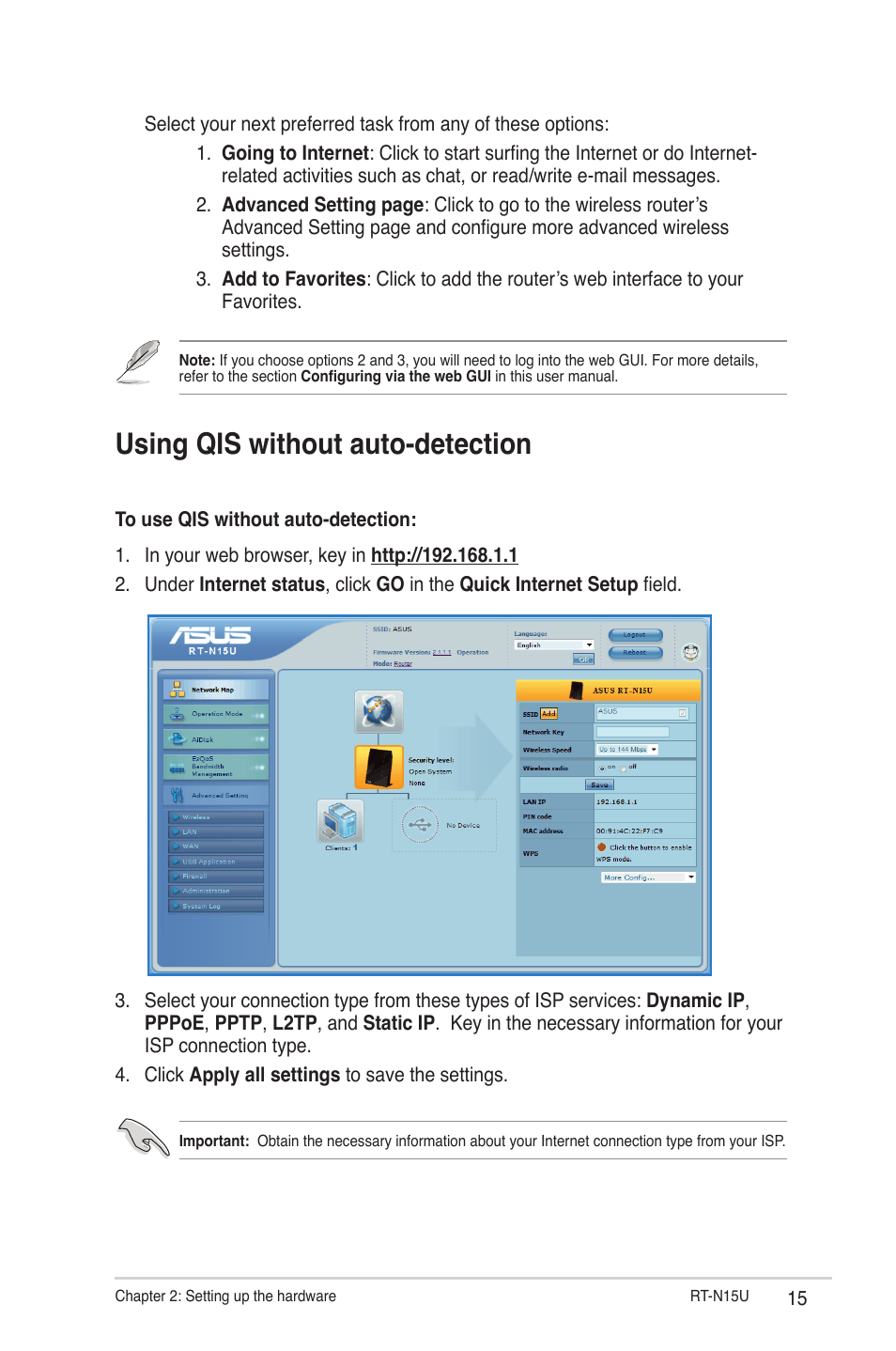 Using qis without auto-detection | Asus RT-N15U User Manual | Page 15 / 60