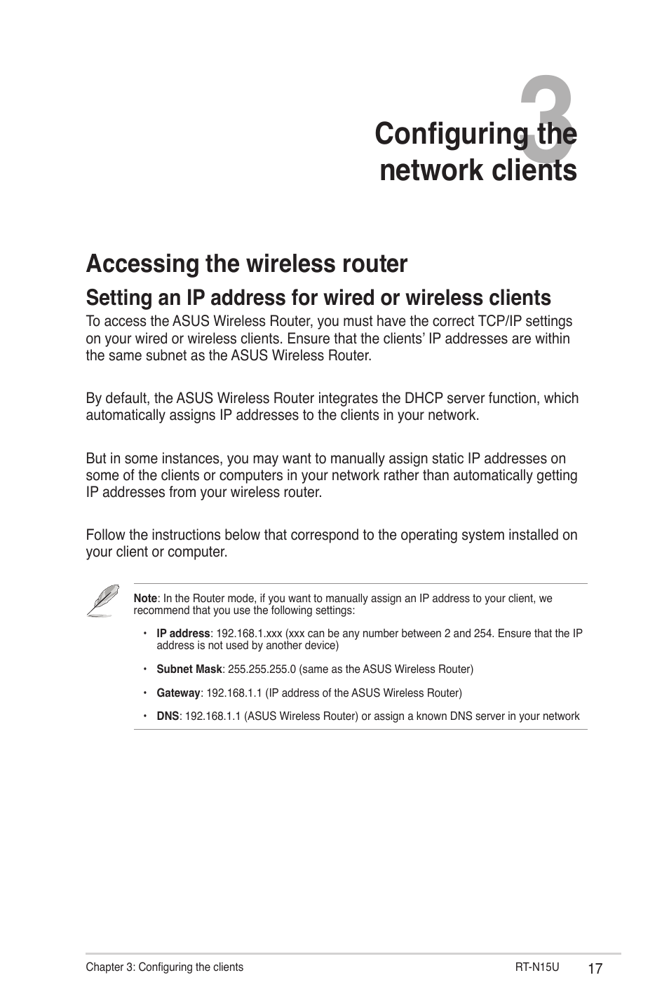 Chapter 3: configuring the network clients, Accessing the wireless router, Configuring the network clients | Asus RT-N15U User Manual | Page 17 / 60