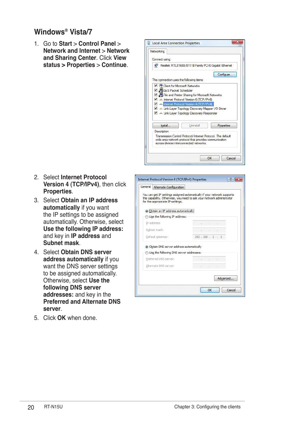 Windows, Vista/7 | Asus RT-N15U User Manual | Page 20 / 60