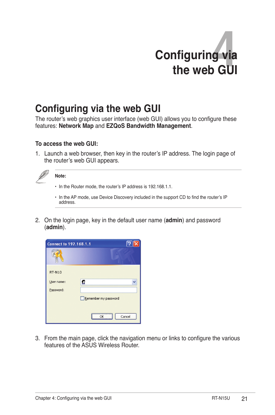 Chapter 4: configuring via the web gui, Configuring via the web gui | Asus RT-N15U User Manual | Page 21 / 60