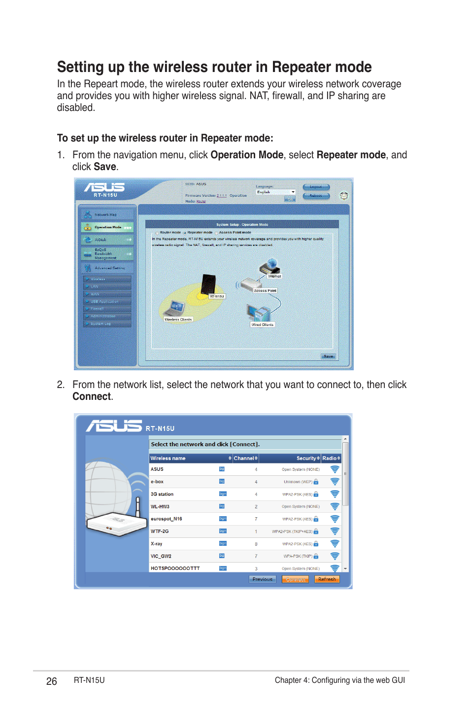 Setting up the wireless router in repeater mode | Asus RT-N15U User Manual | Page 26 / 60