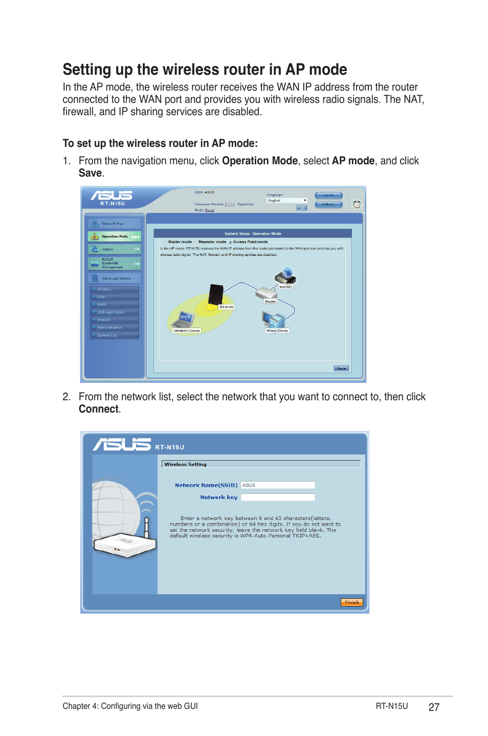 Setting up the wireless router in ap mode | Asus RT-N15U User Manual | Page 27 / 60