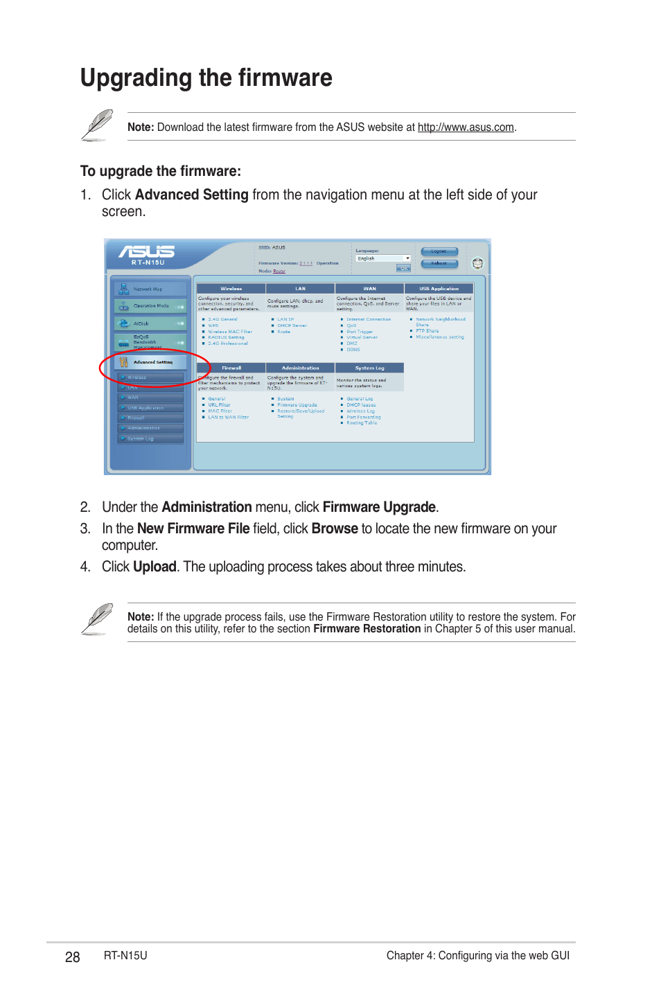 Upgrading the firmware | Asus RT-N15U User Manual | Page 28 / 60