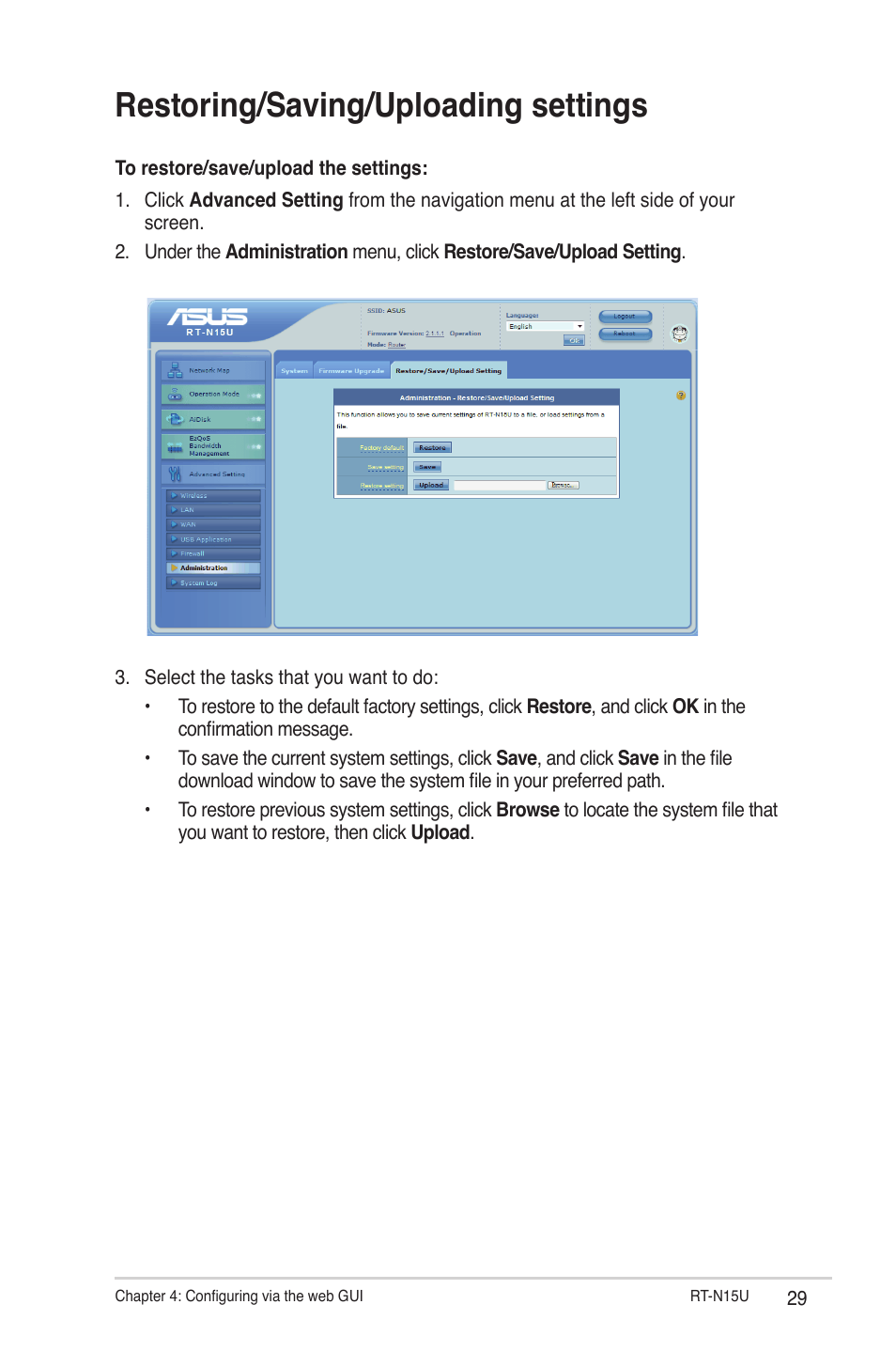 Restoring/saving/uploading settings | Asus RT-N15U User Manual | Page 29 / 60