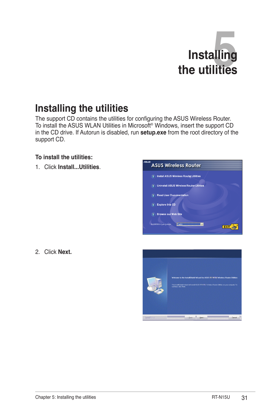 Chapter 5: installing the utilities, Installing the utilities, Installing the utilitie | Asus RT-N15U User Manual | Page 31 / 60