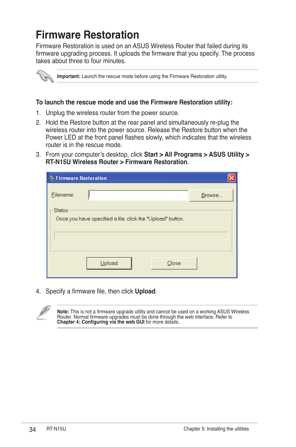 Firmware restoration | Asus RT-N15U User Manual | Page 34 / 60