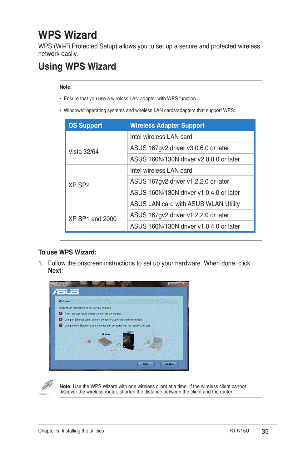 Wps wizard, Using wps wizard | Asus RT-N15U User Manual | Page 35 / 60