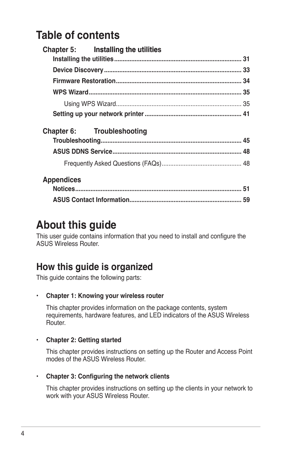 About this guide, Table of contents about this guide, How this guide is organized | Asus RT-N15U User Manual | Page 4 / 60