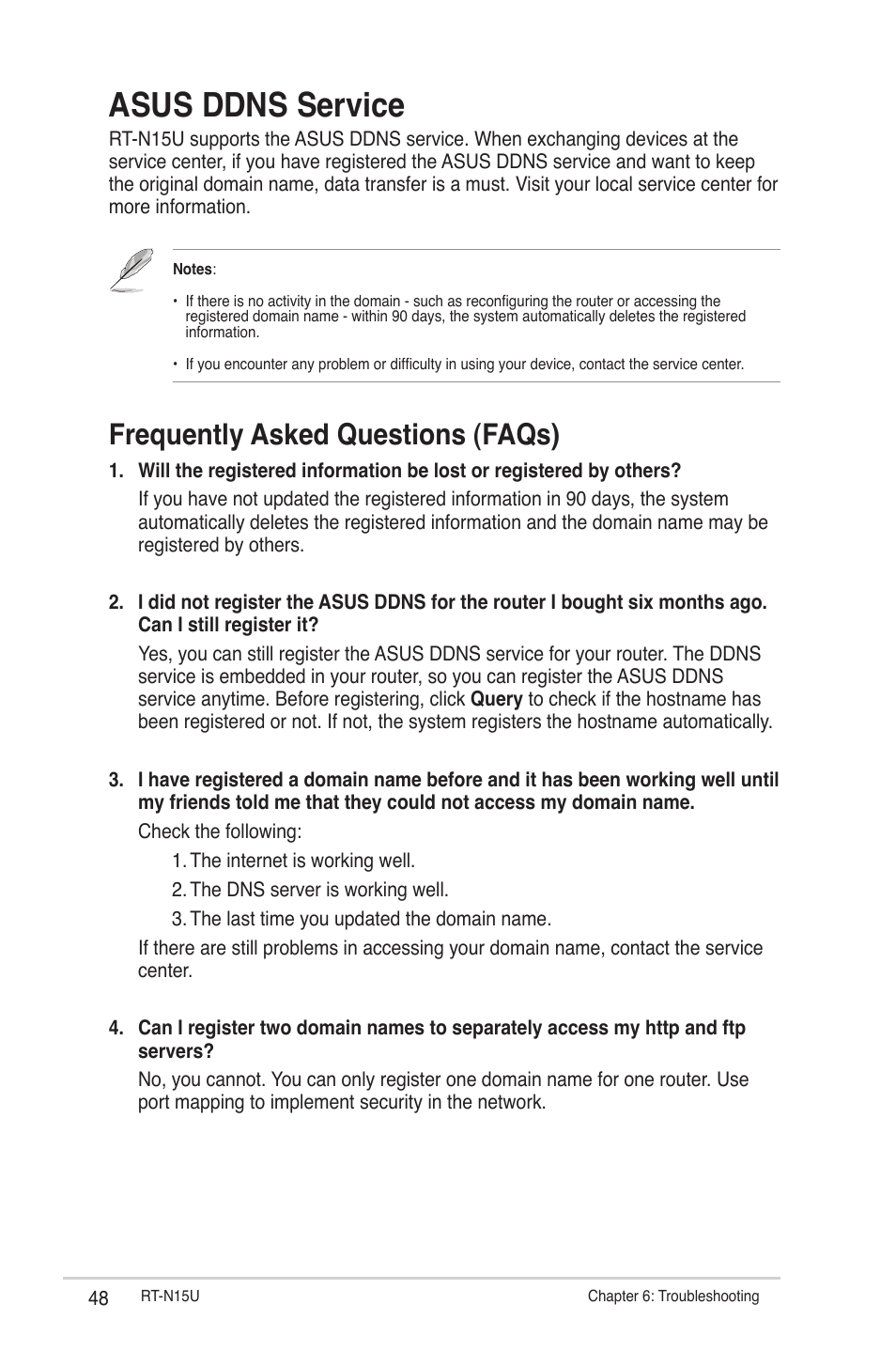 Asus ddns service, Frequently asked questions (faqs) | Asus RT-N15U User Manual | Page 48 / 60