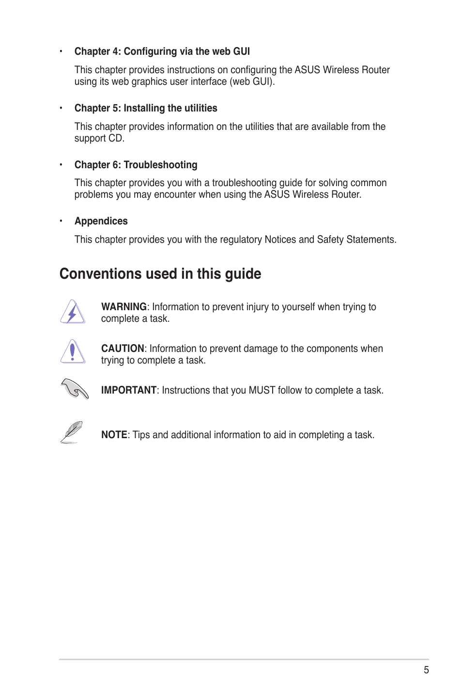 Conventions used in this guide | Asus RT-N15U User Manual | Page 5 / 60