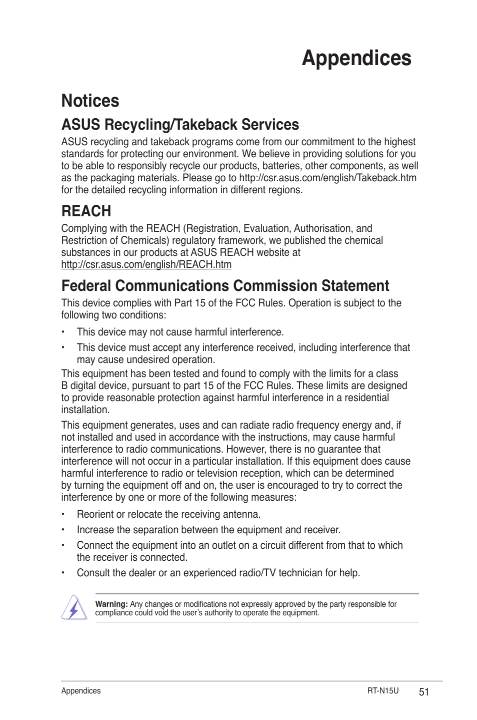 Appendices, Notices, Asus recycling/takeback services | Reach, Federal communications commission statement | Asus RT-N15U User Manual | Page 51 / 60