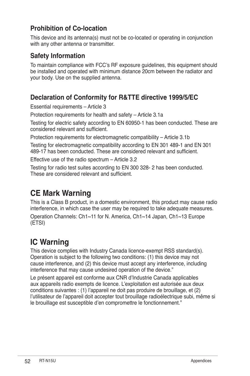 Ce mark warning, Ic warning, Prohibition of co-location | Safety information | Asus RT-N15U User Manual | Page 52 / 60