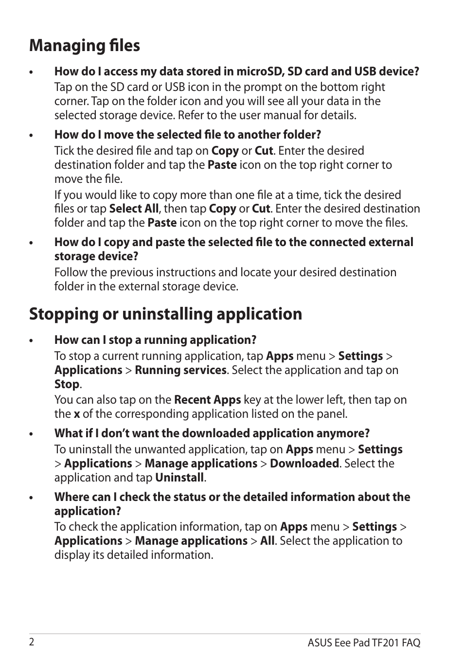 Managing files, How do i move the selected file to another folder, Stopping or uninstalling application | How can i stop a running application, External storage device, The application | Asus Eee Pad Transformer Prime TF201 User Manual | Page 2 / 5