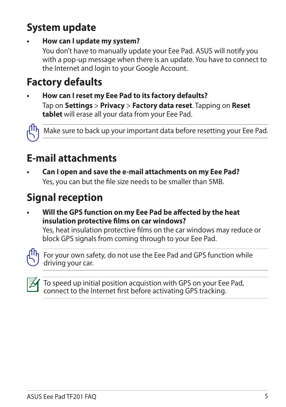 System update, How can i update my system, Factory defaults | How can i reset my eee pad to its factory defaults, E-mail attachments, Insulation protective films on my car, Signal reception | Asus Eee Pad Transformer Prime TF201 User Manual | Page 5 / 5