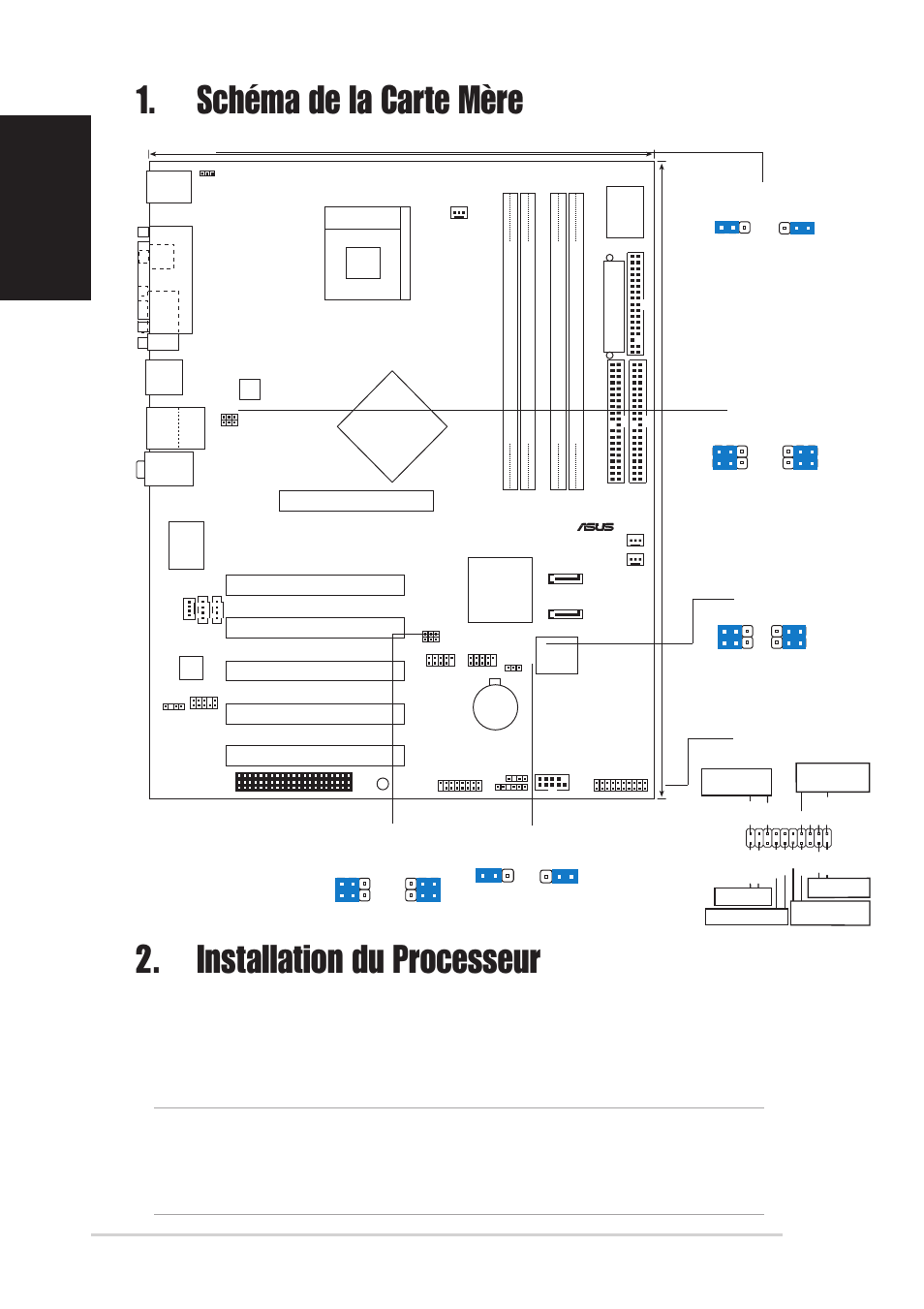 Installation du processeur, Schéma de la carte mère, Français | Carte mère asus p4p800, Intel ich5r, Pci1, Pci2 pci3 pci4 pci5, Panel1, Clrtc1 | Asus P4P800 User Manual | Page 2 / 16