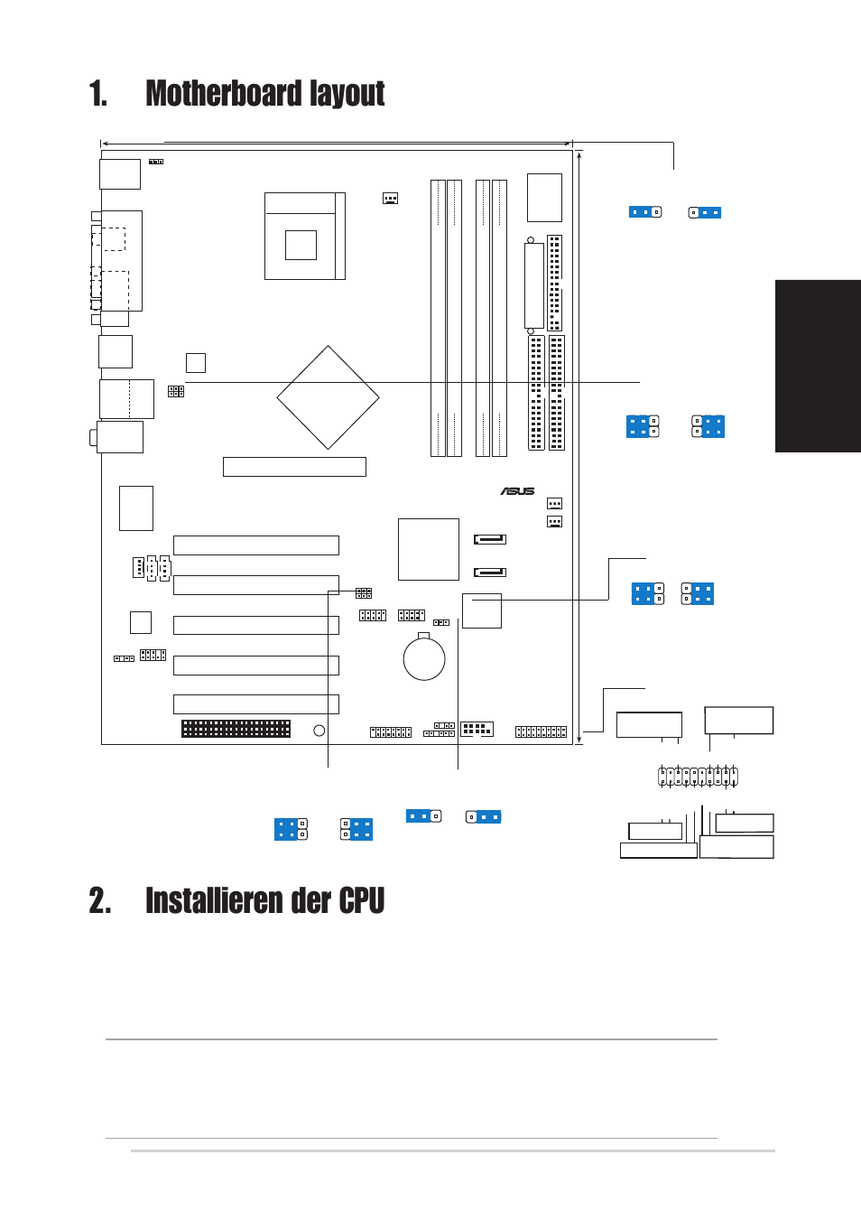 Installieren der cpu, Motherboard layout, Deutsch | Asus p4p800-motherboard, Intel ich5r, Pci1, Pci2 pci3 pci4 pci5, Panel1, Clrtc1 | Asus P4P800 User Manual | Page 5 / 16