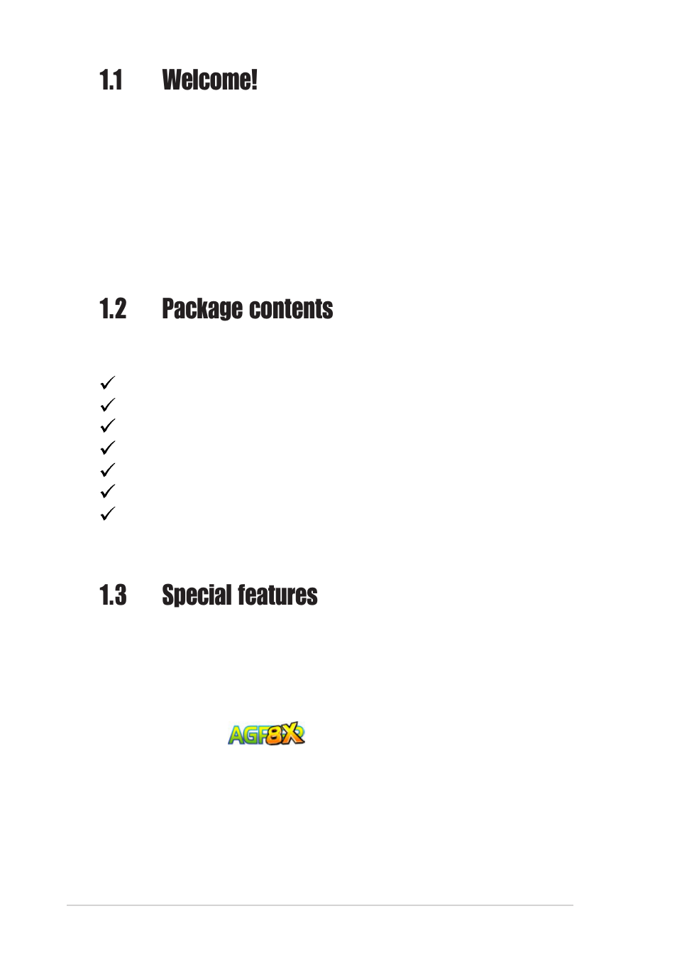 1 welcome, 2 package contents, 3 special features | Asus A7V8X-MX User Manual | Page 10 / 64