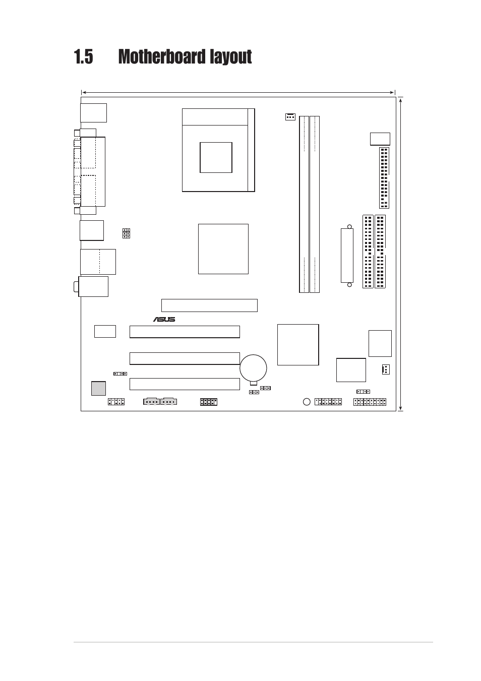 5 motherboard layout, Asus a7v8x-mx motherboard user manual 1-7, Via km400 | Pci1, Pci2 pci3 via, Chipset, 5cm (9.6in), A7v8x-mx, Super i/o, Socket 462 | Asus A7V8X-MX User Manual | Page 15 / 64