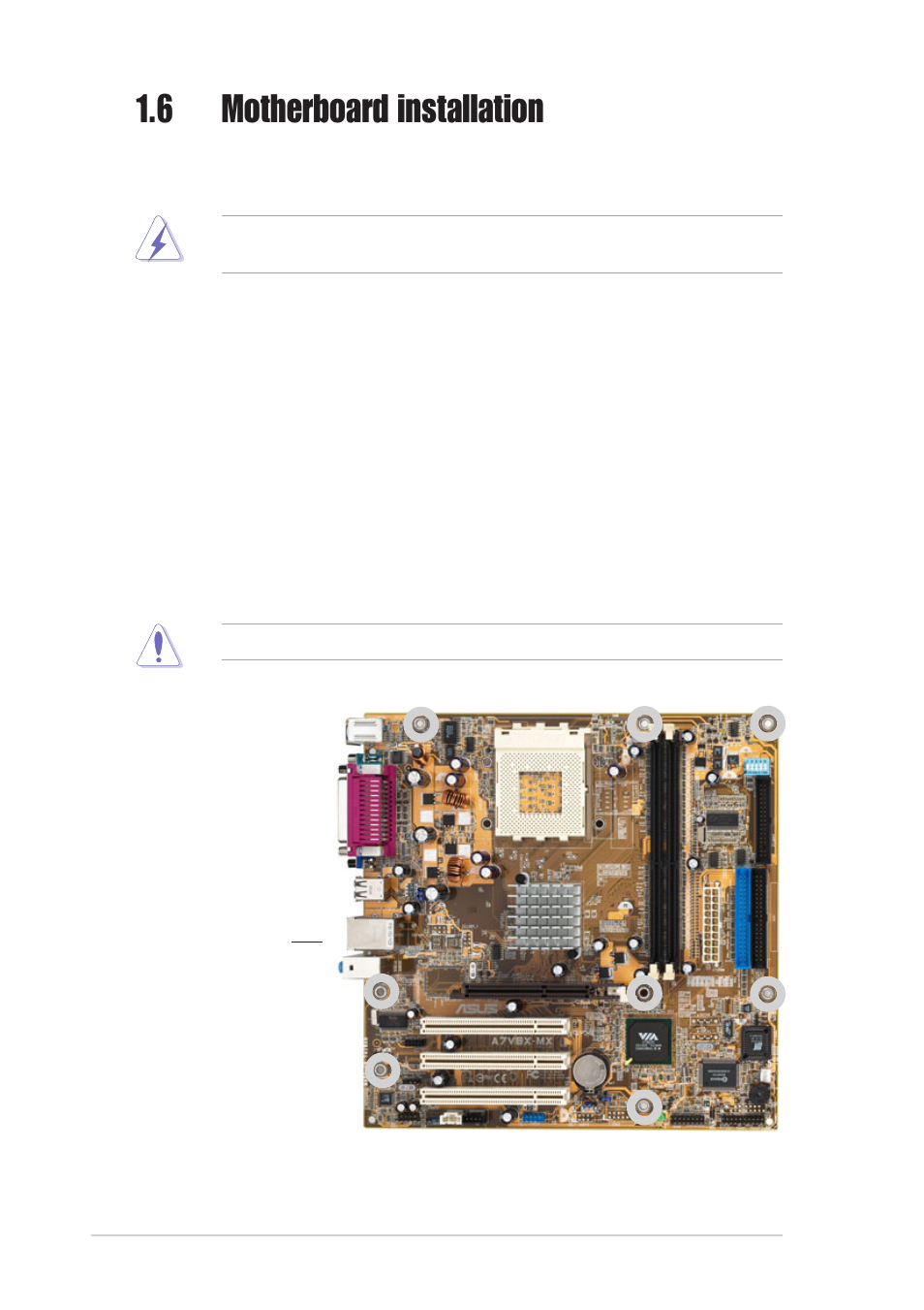 6 motherboard installation, 1 placement direction, 2 screw holes | Asus A7V8X-MX User Manual | Page 16 / 64