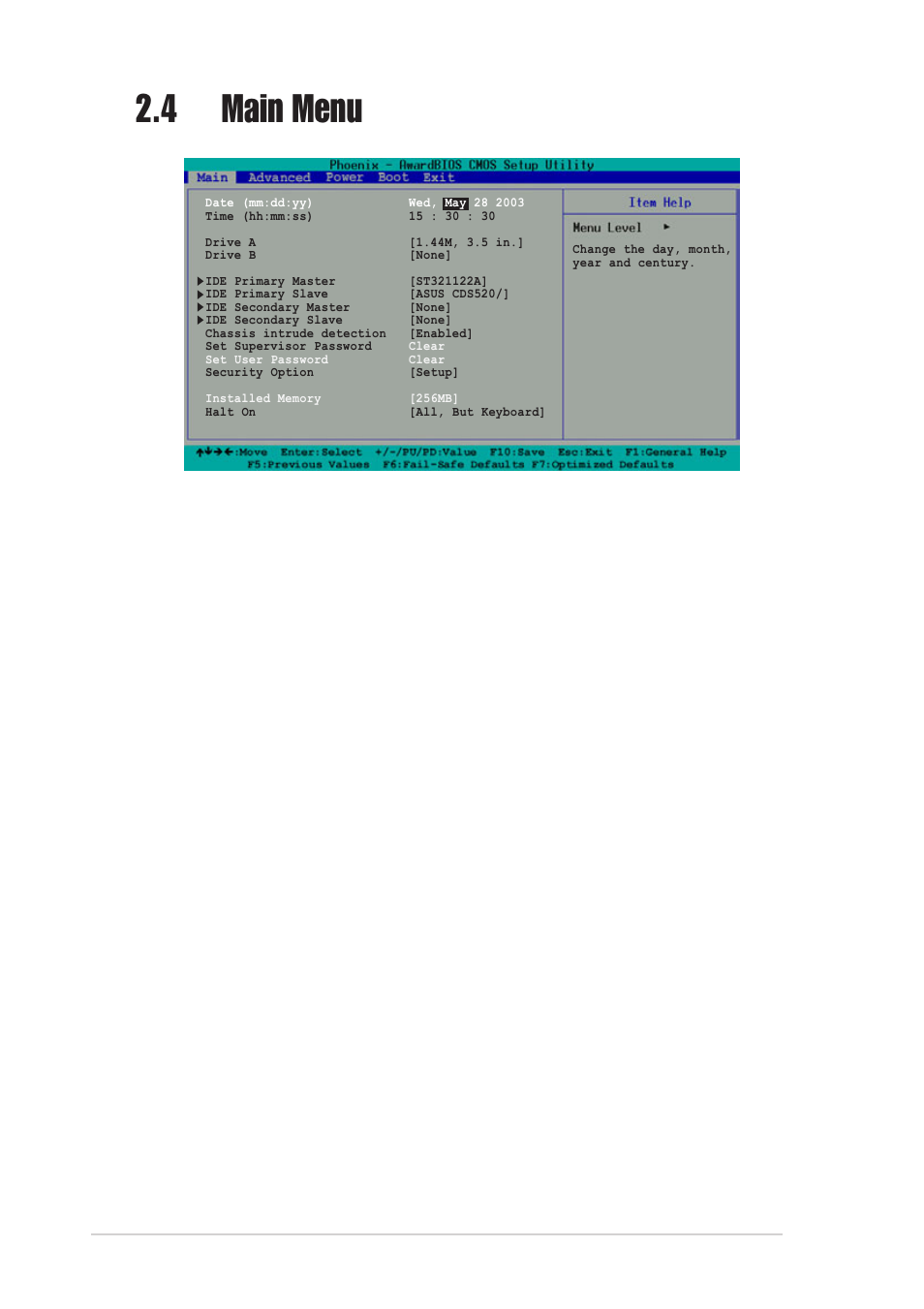 4 main menu, Date [mm/dd/yy, Time [hh:mm:ss | Drive b [none, Chassis intrude detection [enabled | Asus A7V8X-MX User Manual | Page 38 / 64