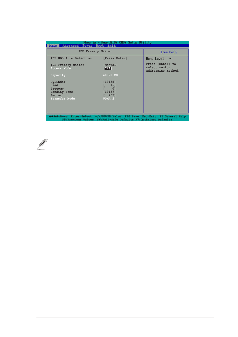 Manual] & [chs] settings, Access mode [auto, Cylinders | Head, Precomp | Asus A7V8X-MX User Manual | Page 41 / 64