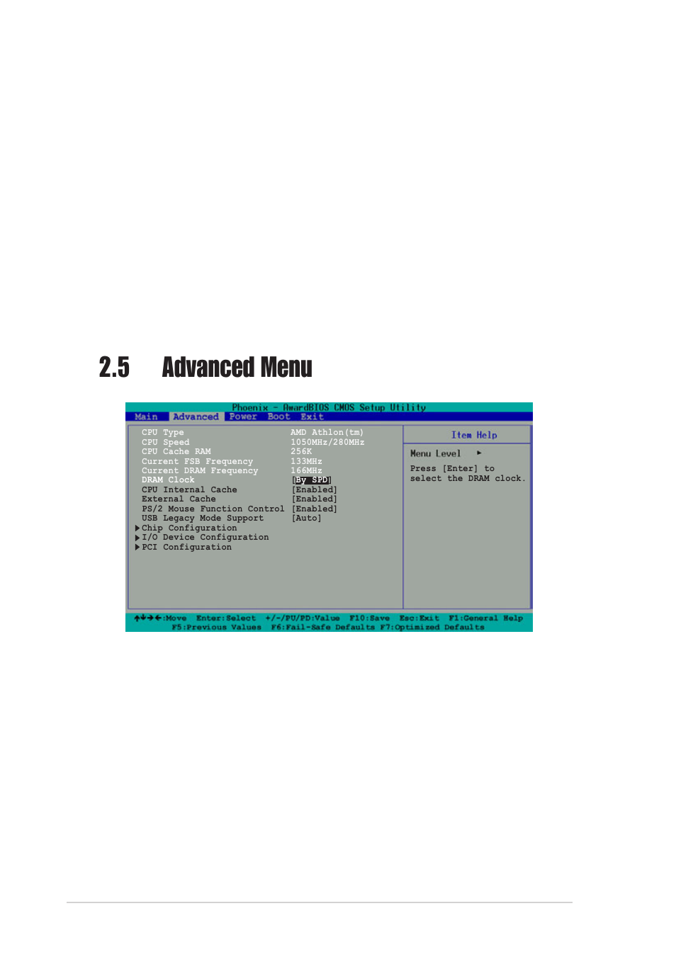 5 advanced menu, Dram clock [by spd, Cpu internal/external cache [enabled]/[enabled | Landing zone, Sector, Transfer mode | Asus A7V8X-MX User Manual | Page 42 / 64