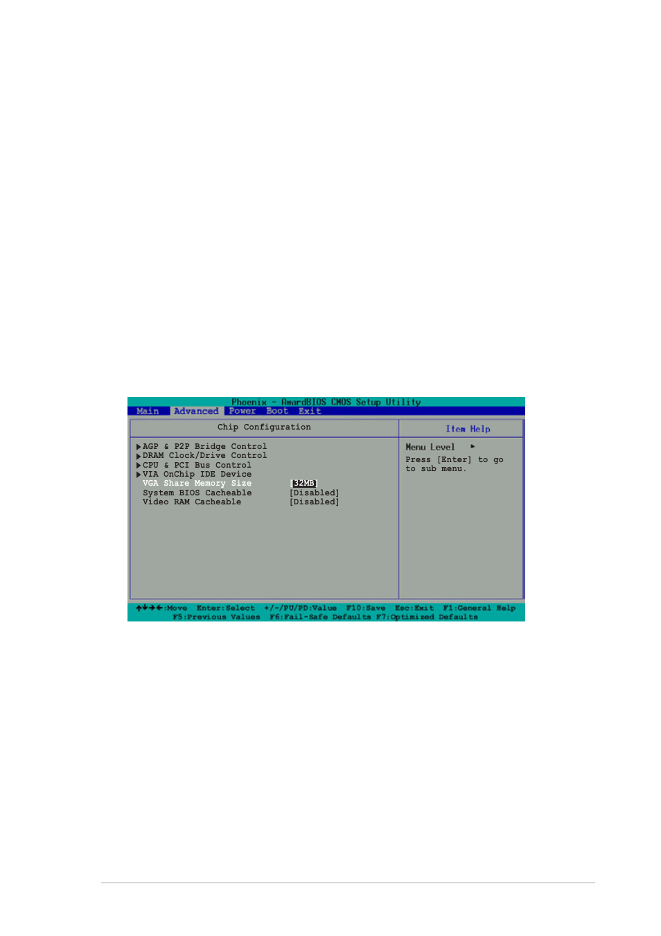 1 chip configuration, Ps/2 mouse function control [enabled, Usb legacy support [auto | System bios cacheable [disabled, Video ram cacheable [disabled | Asus A7V8X-MX User Manual | Page 43 / 64