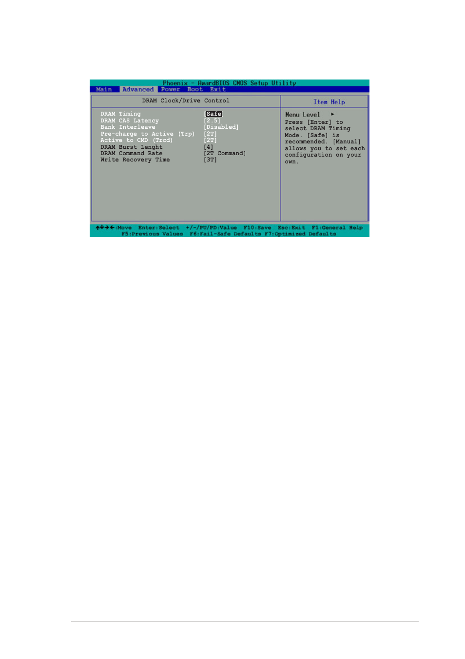 Dram timing [safe, Dram cas latency [2.5, Bank interleave [disabled | Precharge to active (trp) [2t, Active to cmd (trcd) [2t, Dram burst lenght [4, Dram command rate [2t command, Write recovery time [3t, 2 dram clock/drive control | Asus A7V8X-MX User Manual | Page 45 / 64