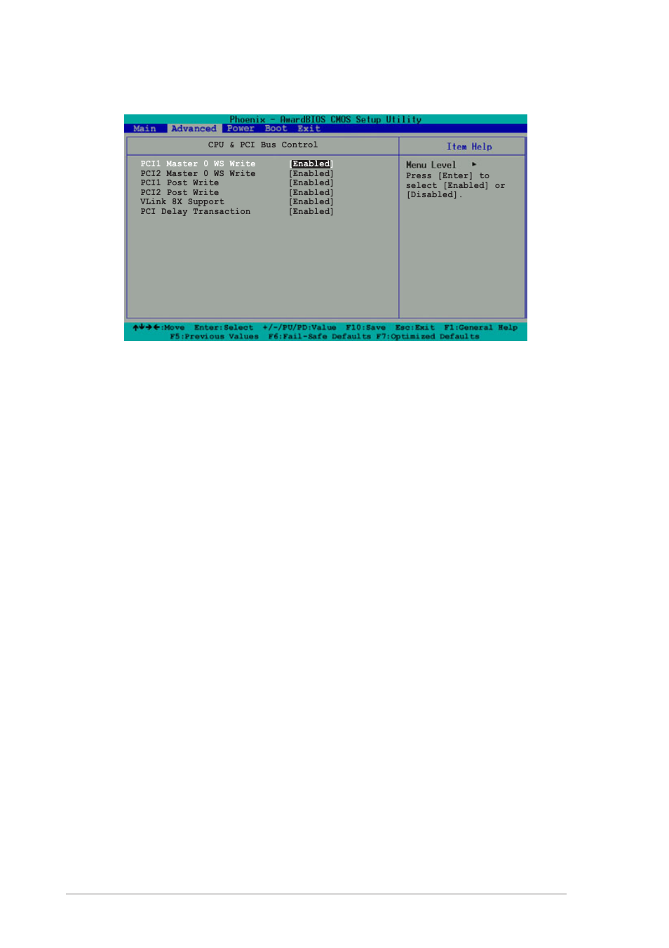 Pci1 post write [enabled] pci2 post write [enabled, Vlink 8x support [enabled, Pci delay transaction [enabled | 16 chapter 2: bios information, Configuration options: [enabled] [disabled | Asus A7V8X-MX User Manual | Page 46 / 64