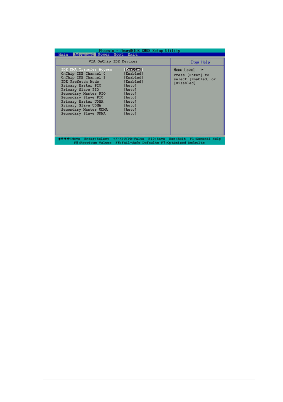 Ide dma transfer access [enabled, Ide prefetch mode [enabled, Primary master pio [auto] primary slave pio [auto | 4 via onchip ide device, Configuration options: [enabled] [disabled | Asus A7V8X-MX User Manual | Page 47 / 64