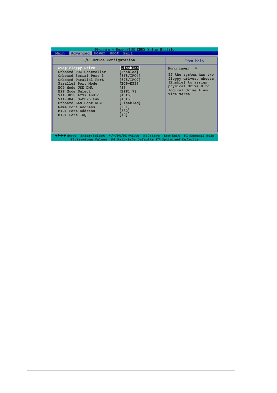 2 i/o device configuration, Swap floppy drive [disabled, Onboard fdc controller [enabled | Onboard serial port 1 [3f8/irq4, Onboard parallel port [378/irq7, Parallel port mode [ecp+epp, Ecp mode use dma [3, 18 chapter 2: bios information | Asus A7V8X-MX User Manual | Page 48 / 64