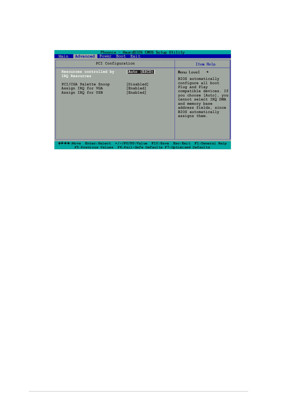 3 pci configuration, Resources controlled by [auto (escd), Pci/vga snoop palette [disabled | Assign irq for vga [enabled, Assign irq for usb [enabled | Asus A7V8X-MX User Manual | Page 50 / 64