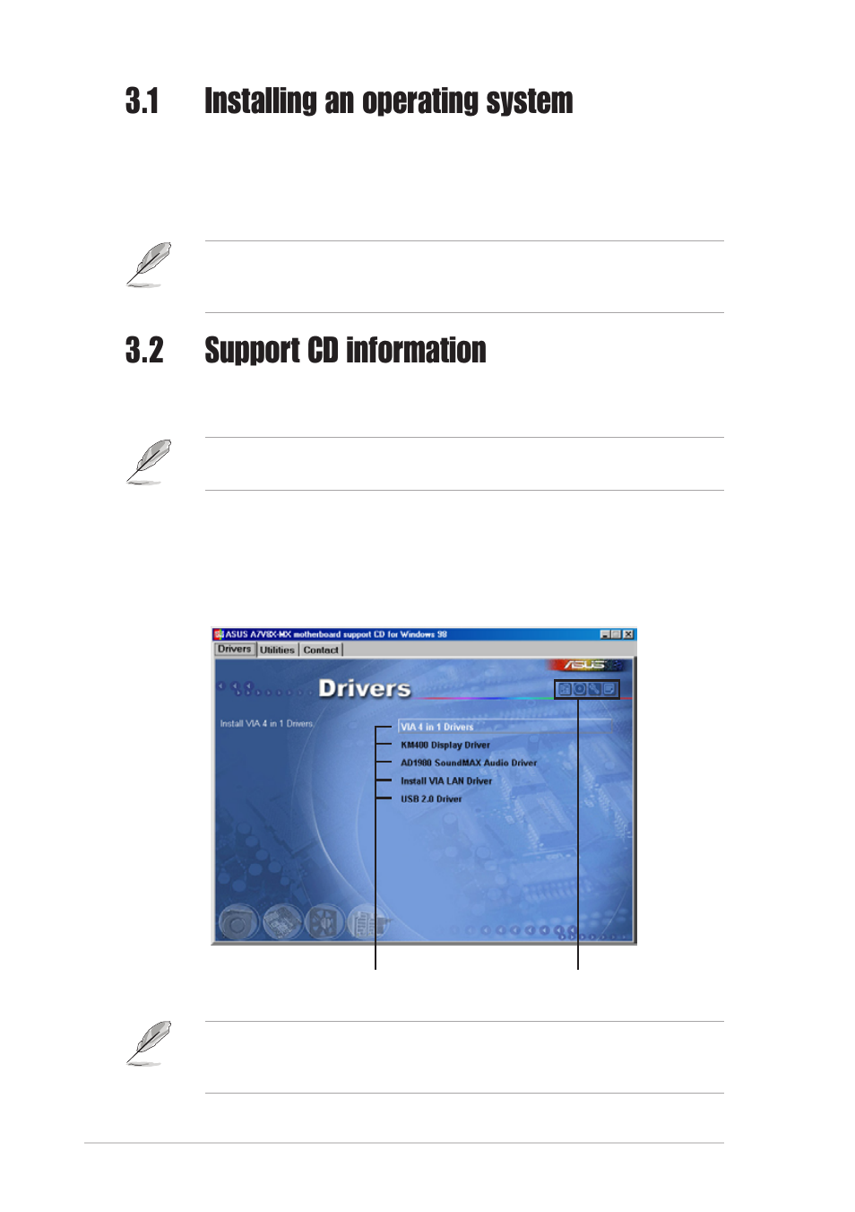 1 installing an operating system, 2 support cd information, 1 running the support cd | Asus A7V8X-MX User Manual | Page 60 / 64