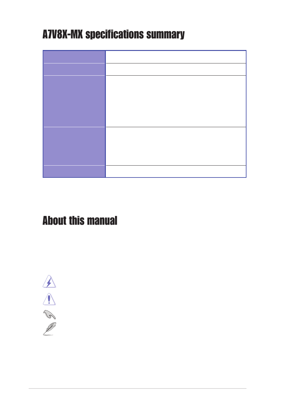 A7v8x-mx specifications summary, About this manual, Conventions used in this guide | Asus A7V8X-MX User Manual | Page 8 / 64