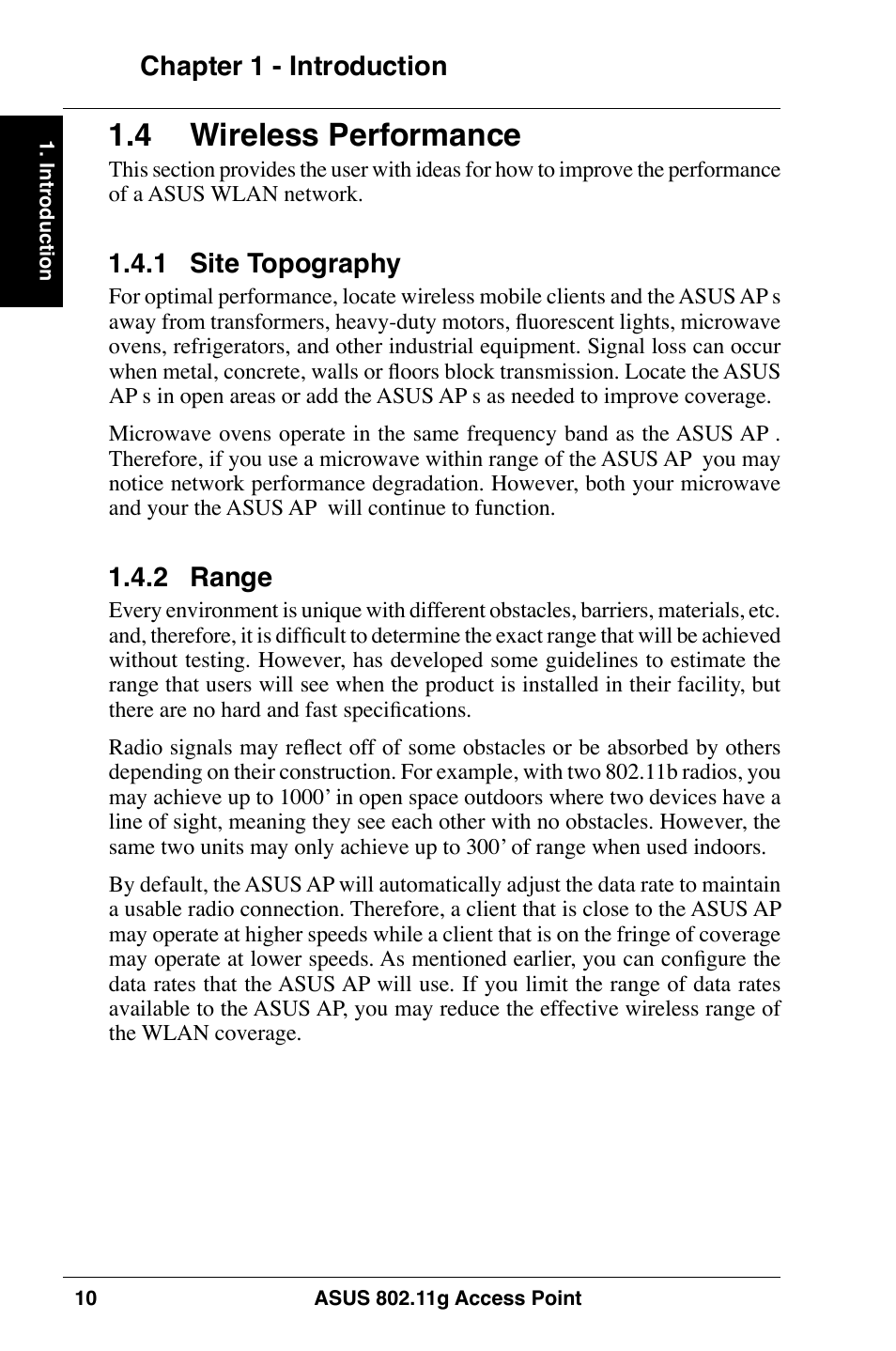  wireless performance, Chapter 1 - introduction, .1 site topography | .2 range | Asus WL-320gE User Manual | Page 10 / 74