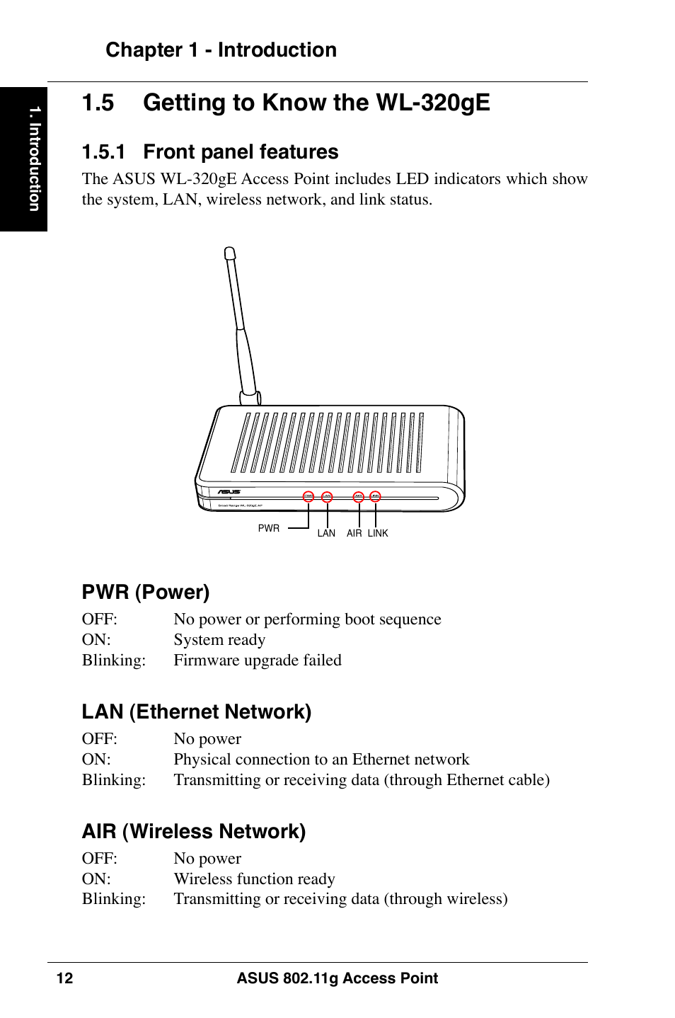  getting to know the wl-320ge, Chapter 1 - introduction, .1 front panel features | Pwr (power), Lan (ethernet network), Air (wireless network) | Asus WL-320gE User Manual | Page 12 / 74