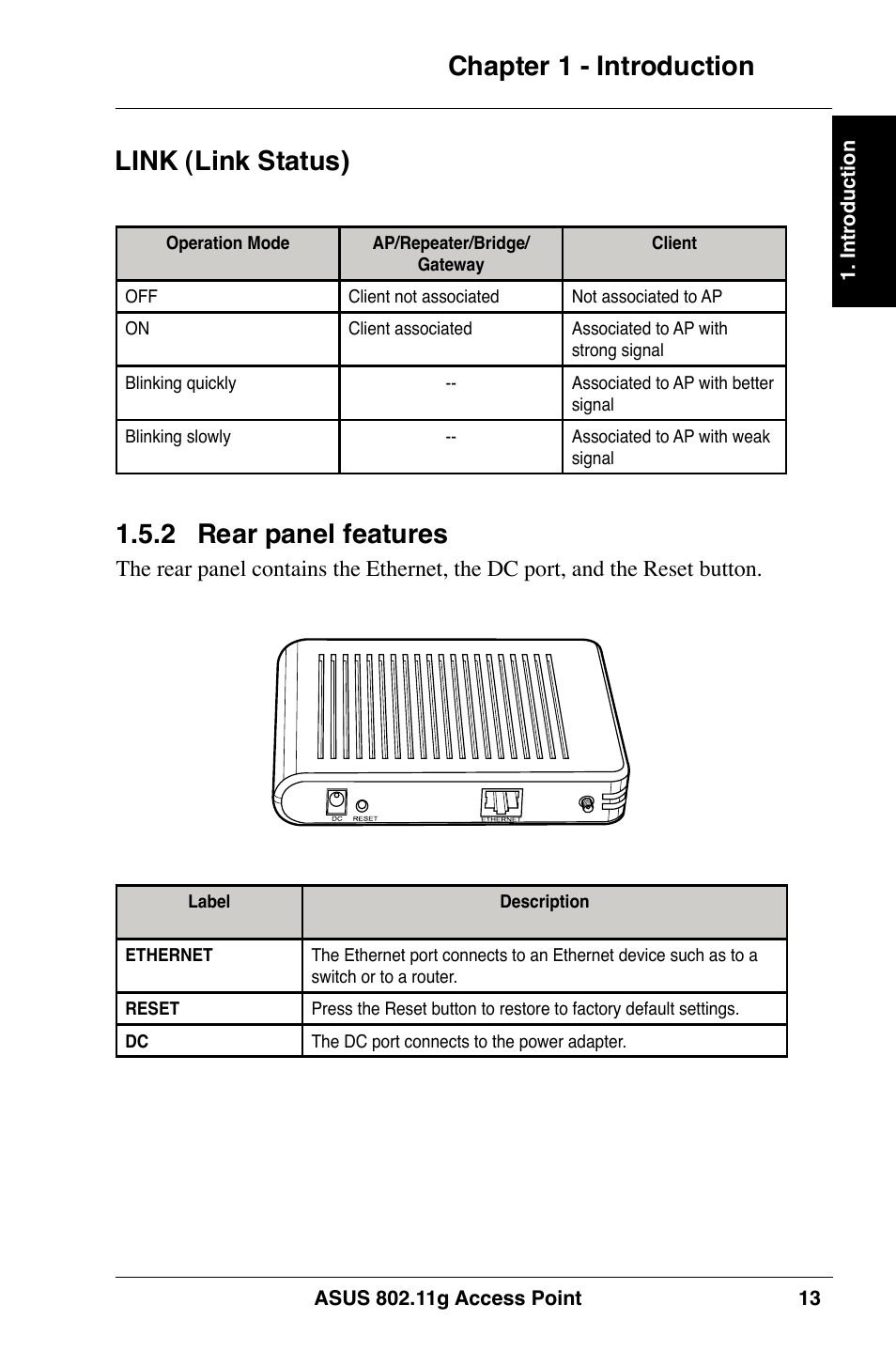 Chapter 1 - introduction 1..2 rear panel features, Link (link status) | Asus WL-320gE User Manual | Page 13 / 74