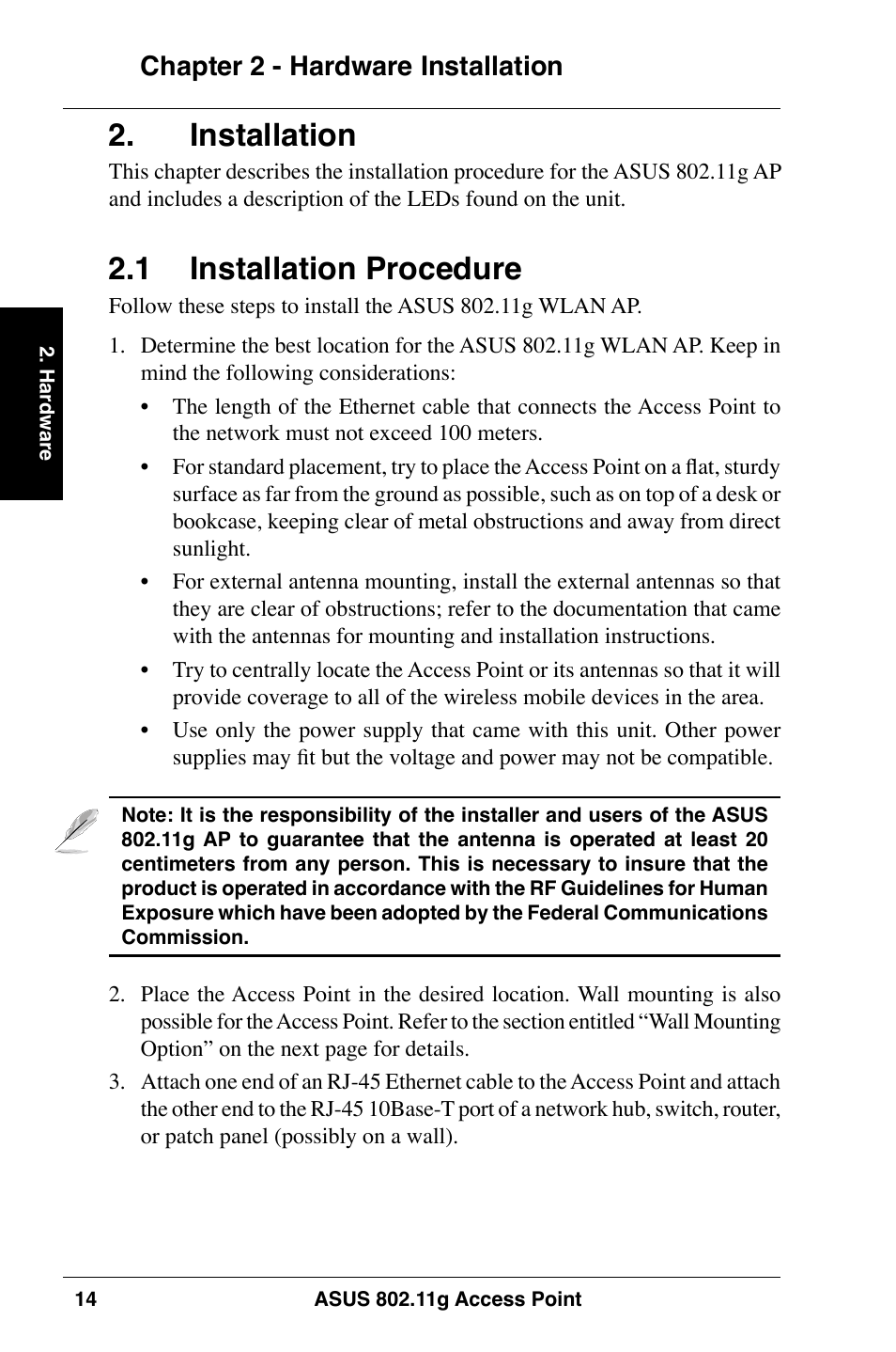 Installation, 1 installation procedure, Chapter 2 - hardware installation | Asus WL-320gE User Manual | Page 14 / 74