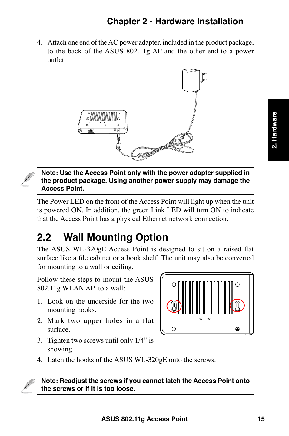 2 wall mounting option, Chapter 2 - hardware installation | Asus WL-320gE User Manual | Page 15 / 74