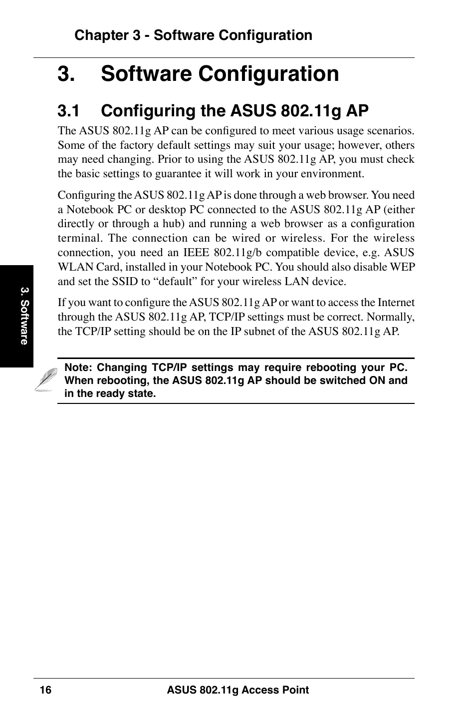 Software configuration, Chapter 3 - software configuration | Asus WL-320gE User Manual | Page 16 / 74