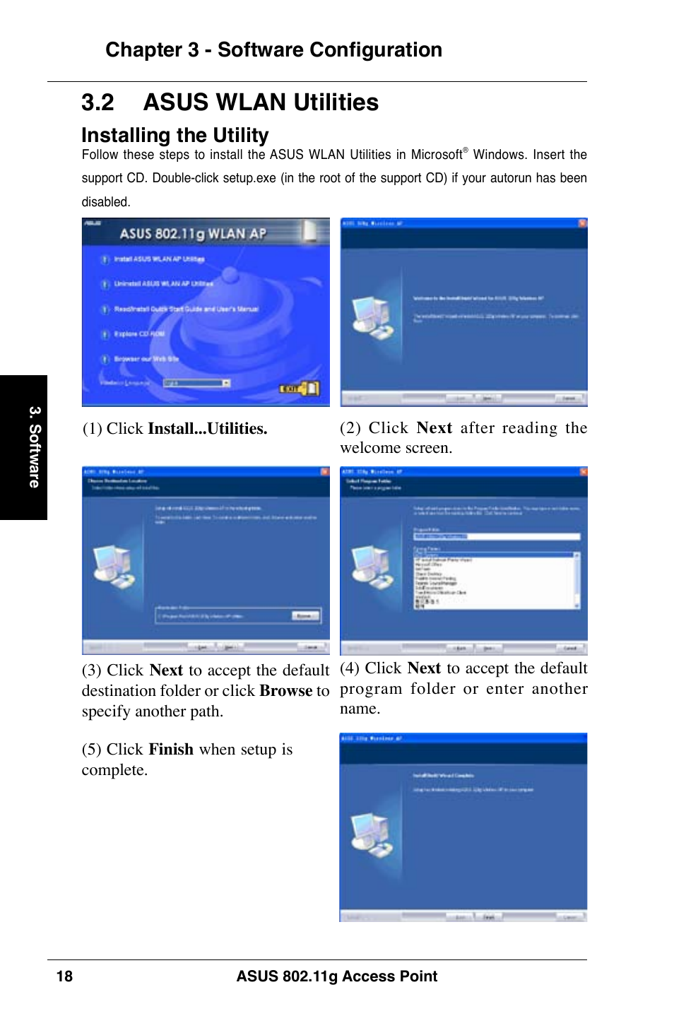 2 asus wlan utilities, Chapter 3 - software configuration, Installing the utility | Asus WL-320gE User Manual | Page 18 / 74