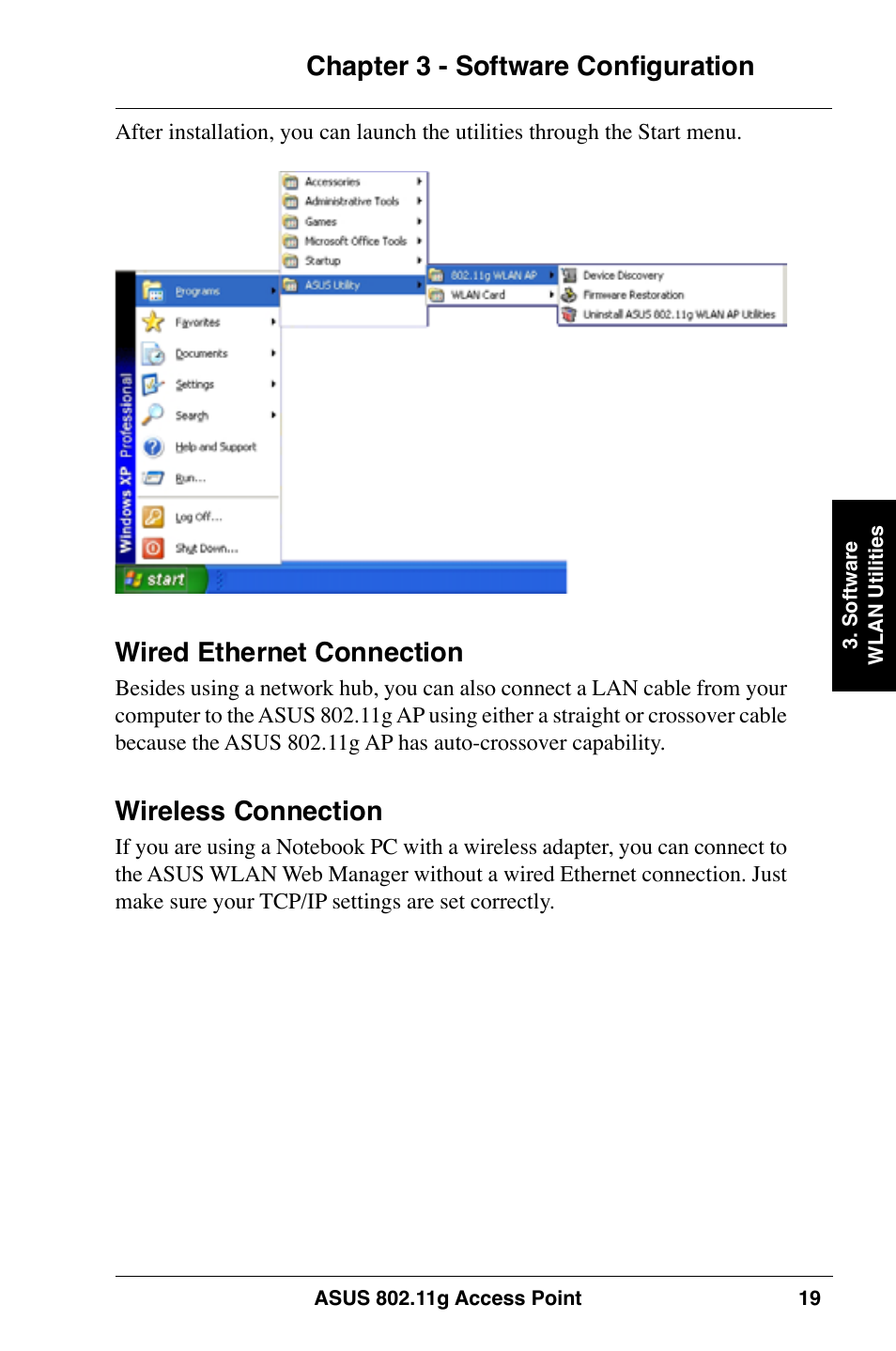 Chapter 3 - software configuration, Wired ethernet connection, Wireless connection | Asus WL-320gE User Manual | Page 19 / 74