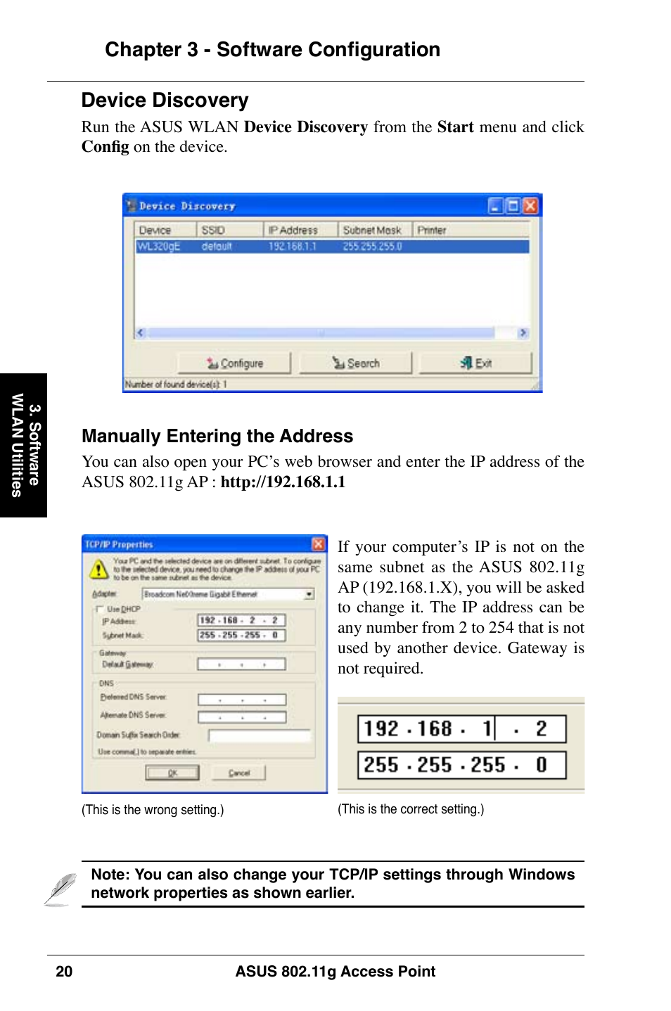 Chapter 3 - software configuration, Device discovery | Asus WL-320gE User Manual | Page 20 / 74
