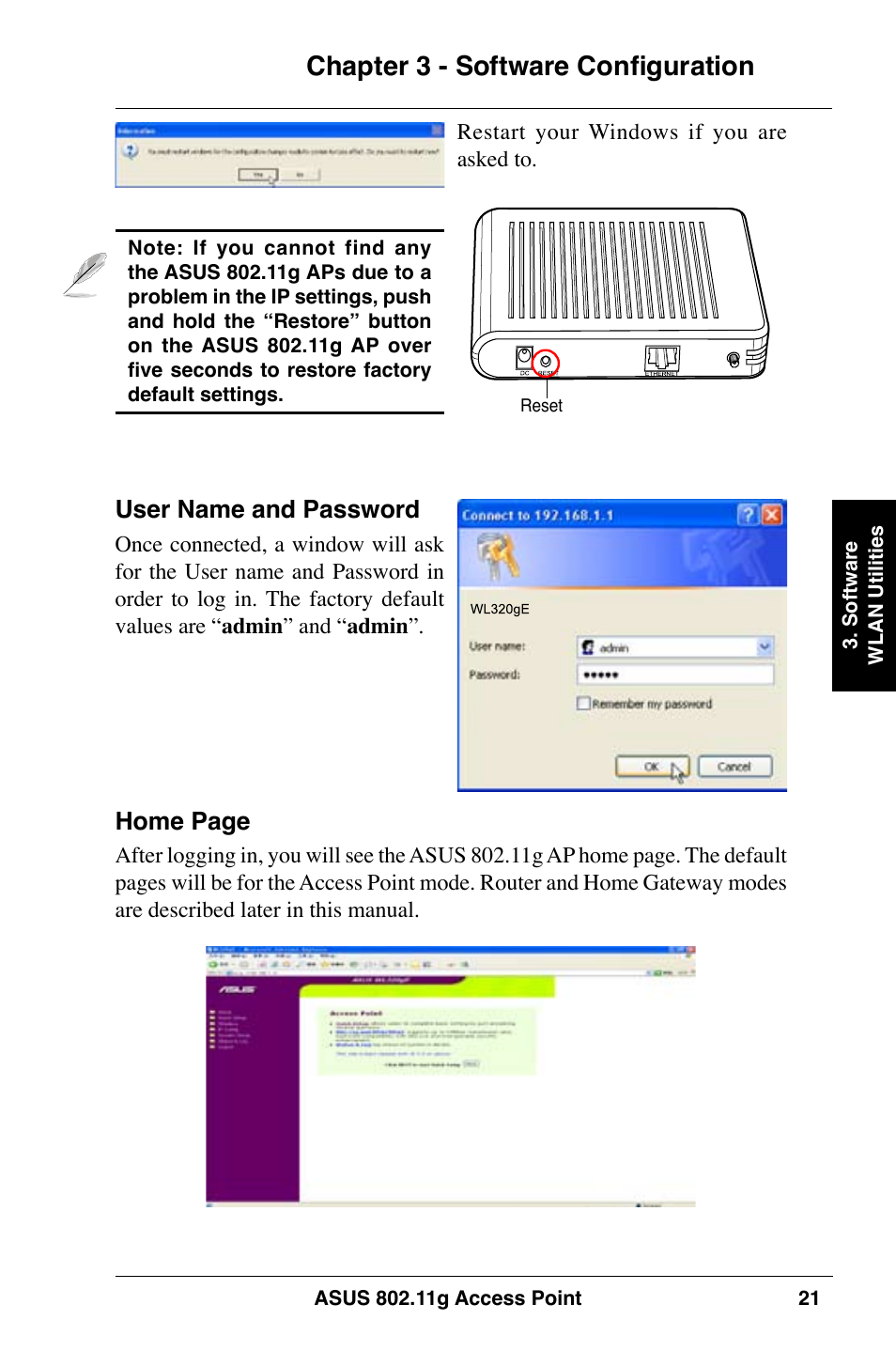 Chapter 3 - software configuration | Asus WL-320gE User Manual | Page 21 / 74
