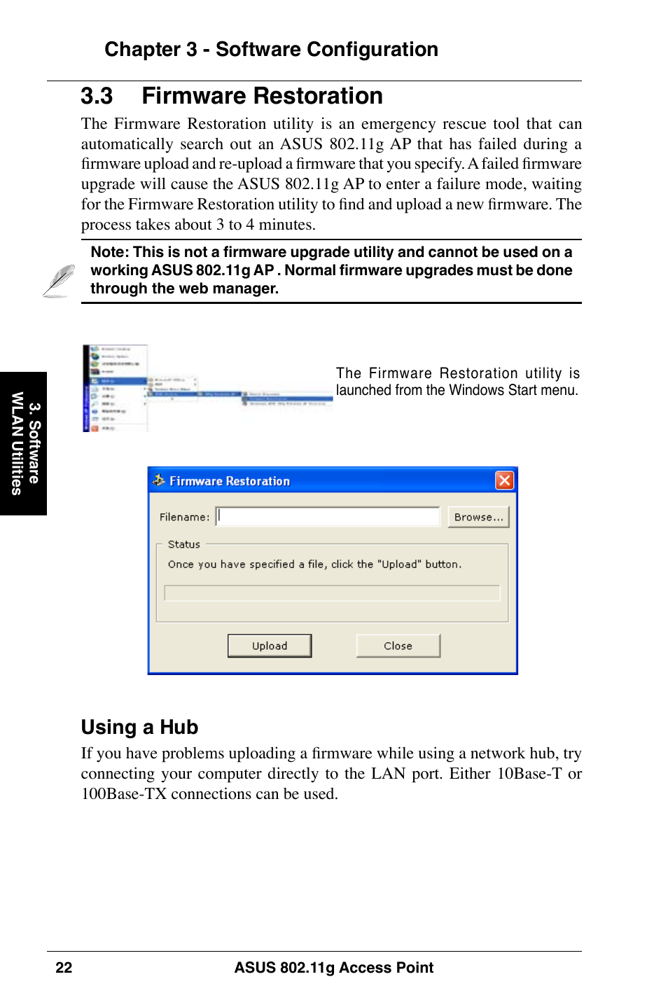 3 firmware restoration, Chapter 3 - software configuration, Using a hub | Asus WL-320gE User Manual | Page 22 / 74