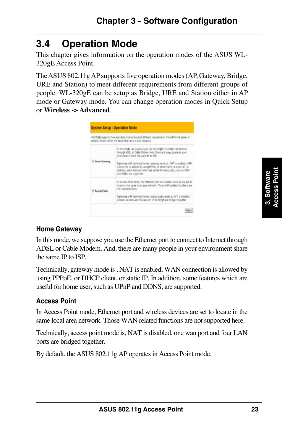  operation mode, Chapter 3 - software configuration | Asus WL-320gE User Manual | Page 23 / 74