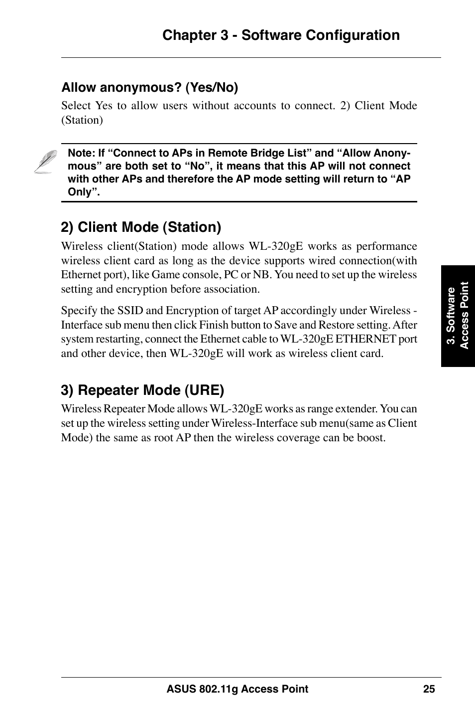 Chapter 3 - software configuration, 2) client mode (station), 3) repeater mode (ure) | Asus WL-320gE User Manual | Page 25 / 74