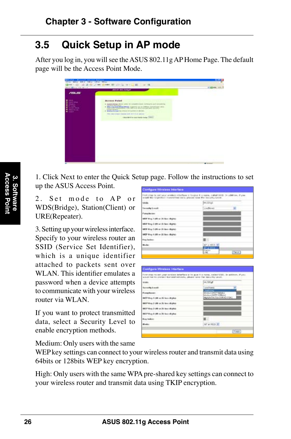  quick setup in ap mode, Chapter 3 - software configuration | Asus WL-320gE User Manual | Page 26 / 74